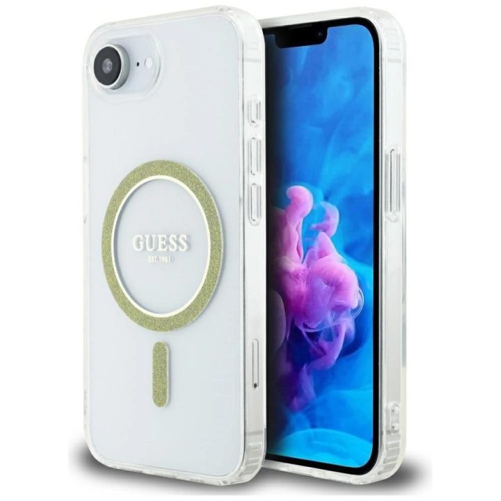 iPhone 16 dėklas Guess skaidrus su blizgučiais MagSafe