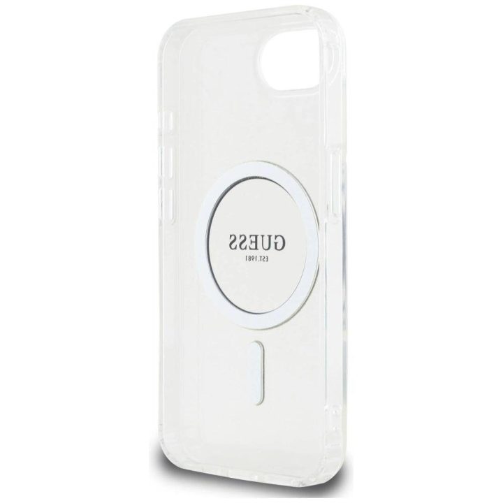iPhone 16 dėklas Guess skaidrus su blizgučiais MagSafe