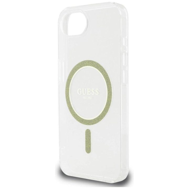 iPhone 16 dėklas Guess skaidrus su blizgučiais MagSafe
