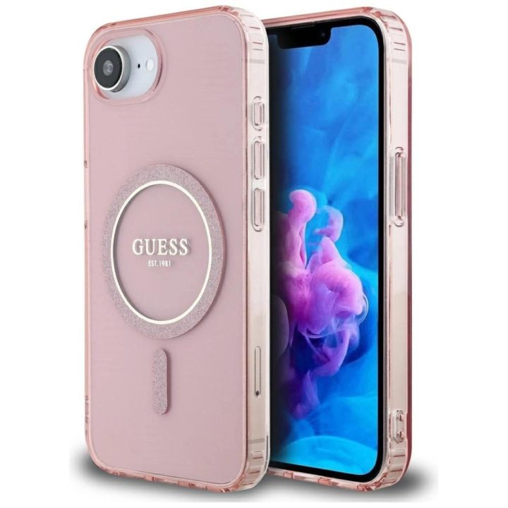 iPhone 16e dėklas Guess rožinis blizgus MagSafe