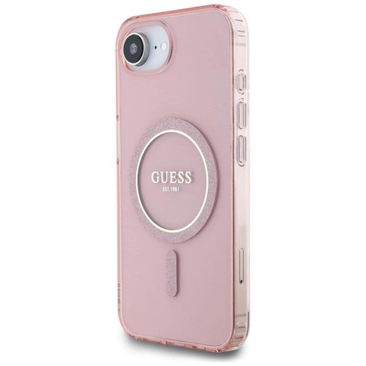 iPhone 16e dėklas Guess rožinis blizgus MagSafe