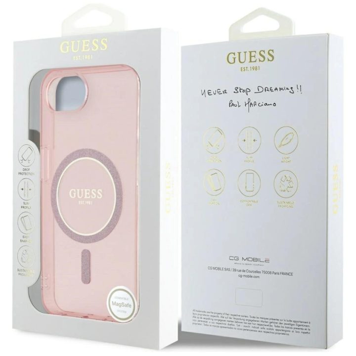 iPhone 16e dėklas Guess rožinis blizgus MagSafe