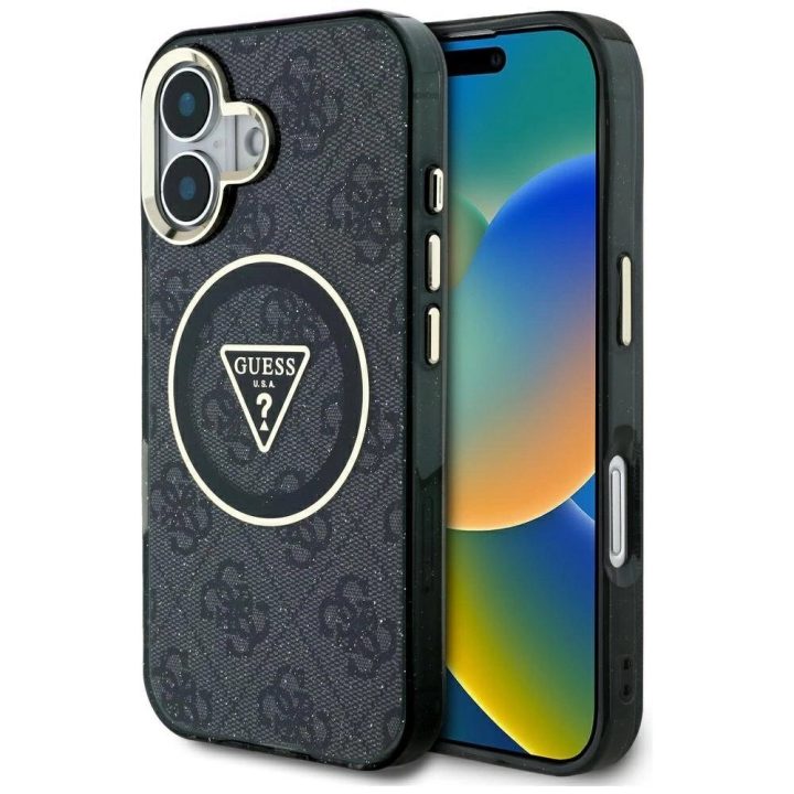 iPhone 16 dėklas Guess juodas su blizgučiais ir MagSafe