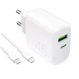 Įkroviklis USB-C ir USB-A 45W su USB-C laidu baltas