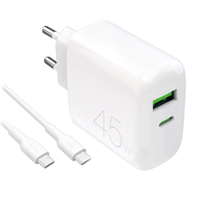 Įkroviklis USB-C ir USB-A 45W su USB-C laidu baltas