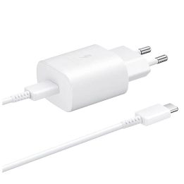 Telefono įkroviklis Samsung 25W su USB-C laidu baltas