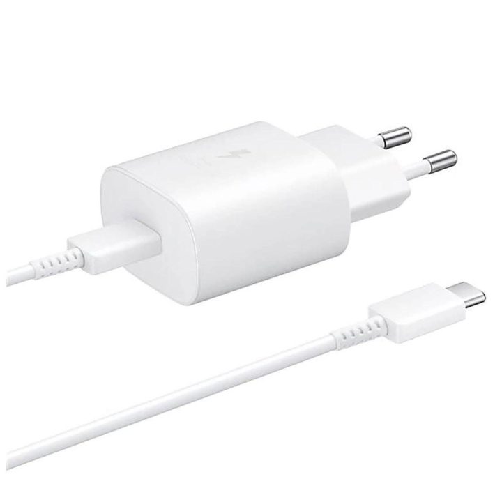 Telefono įkroviklis Samsung 25W su USB-C laidu baltas