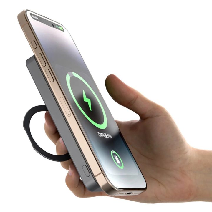 Sidabrinis magnetinis išorinis akumuliatorius su stovu, 10000 mAh