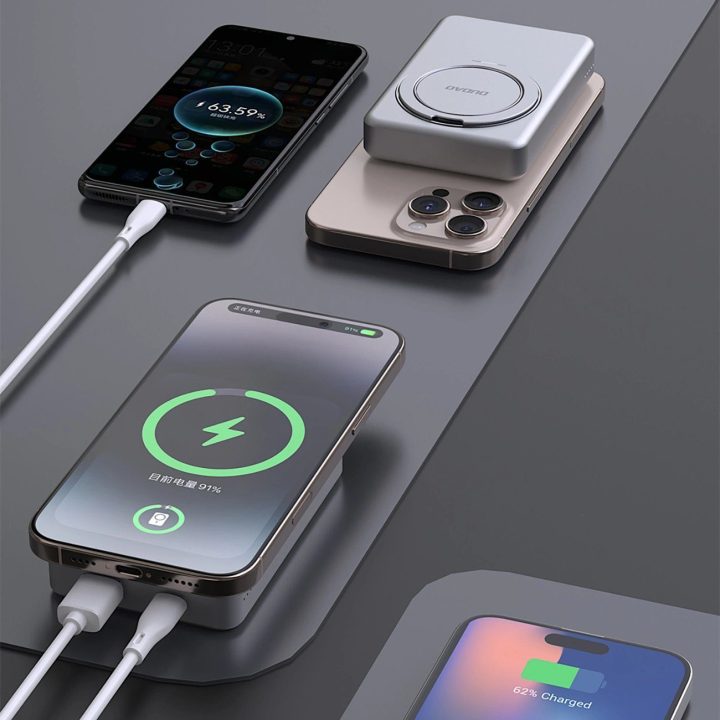 Sidabrinis magnetinis išorinis akumuliatorius su stovu, 10000 mAh