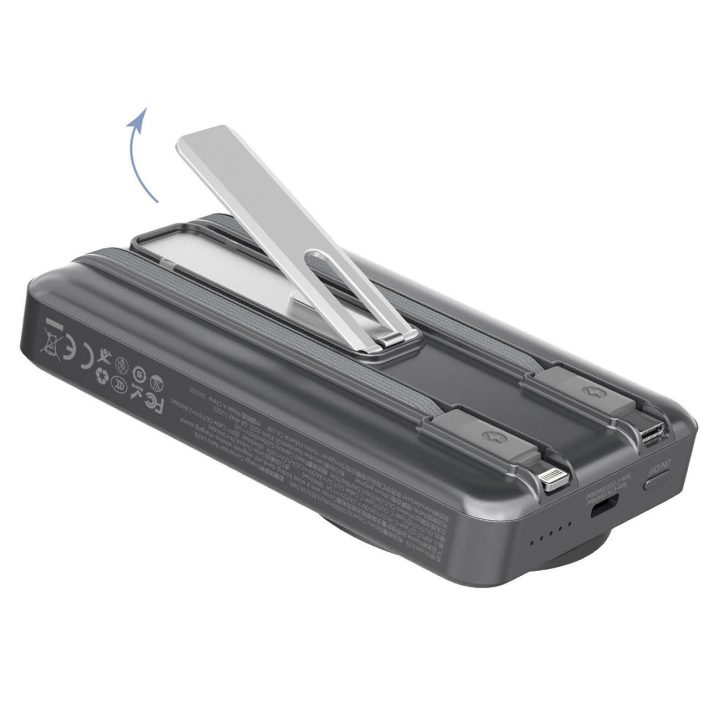 Pilkas 10000 mAh MagSafe išorinis akumuliatorius su stovu
