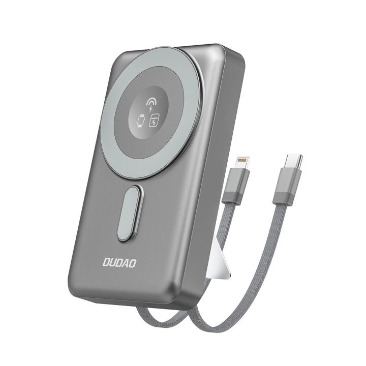 Pilkas 10000 mAh MagSafe išorinis akumuliatorius su stovu