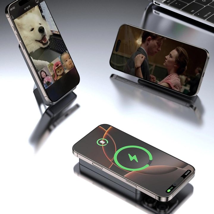 Pilkas 10000 mAh MagSafe išorinis akumuliatorius su stovu