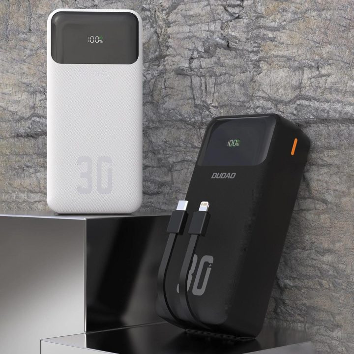 Juodas 30000 mAh išorinis akumuliatorius su laidais