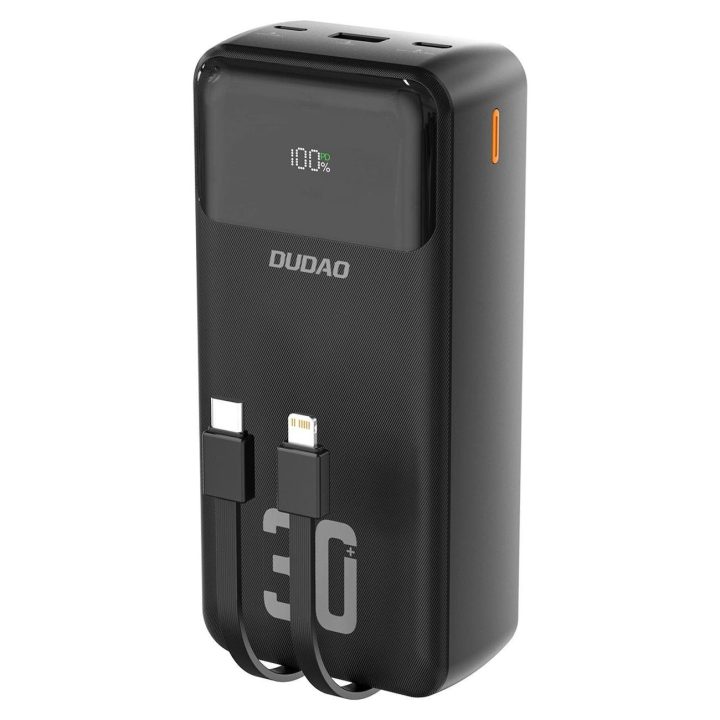 Juodas 30000 mAh išorinis akumuliatorius su laidais