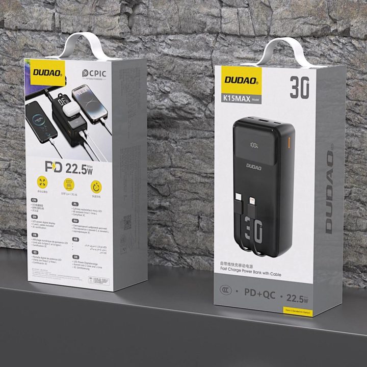 Juodas 30000 mAh išorinis akumuliatorius su laidais