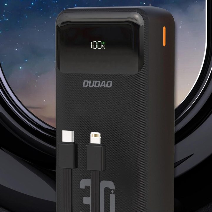 Juodas 30000 mAh išorinis akumuliatorius su laidais