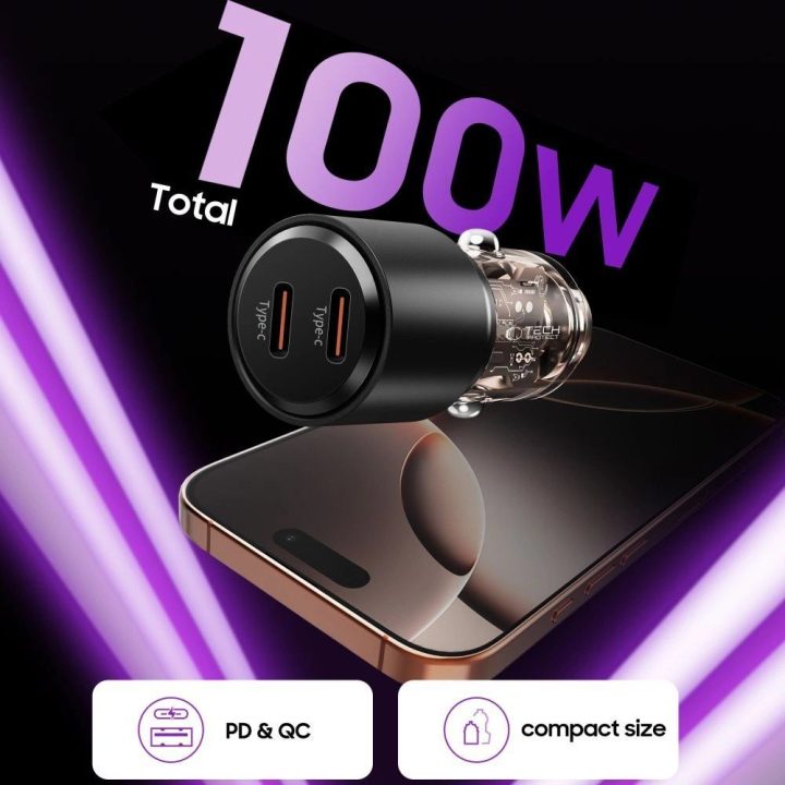 Juodas dviejų jungčių 100 W automobilinis įkroviklis