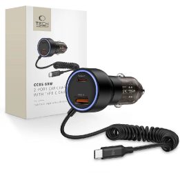 Juodas dviejų lizdų automobilinis įkroviklis su USB-C laidu