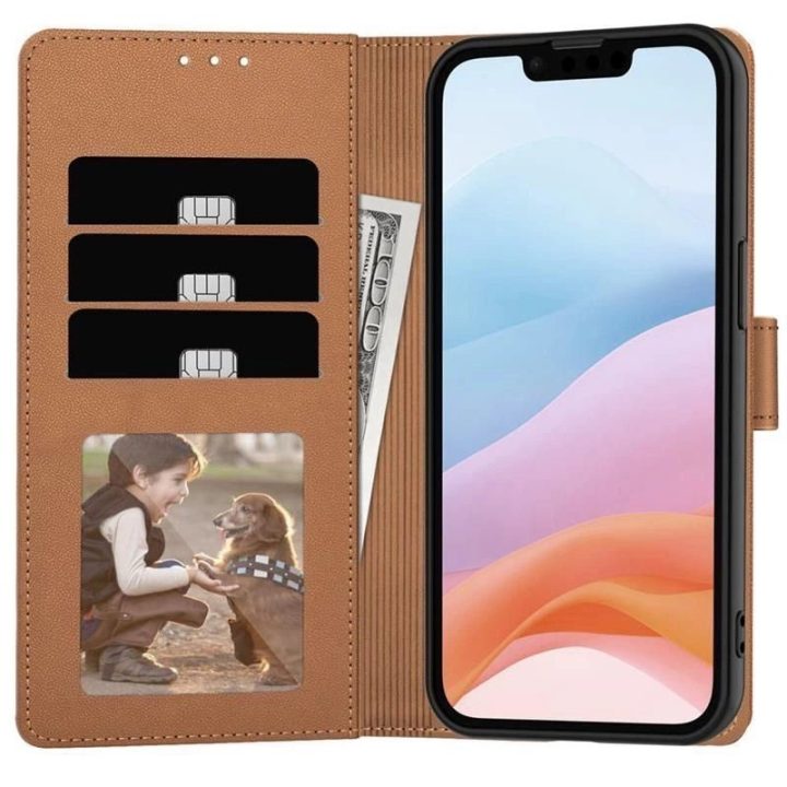 Ruda odinė piniginė–dėklas iPhone 16e telefonui