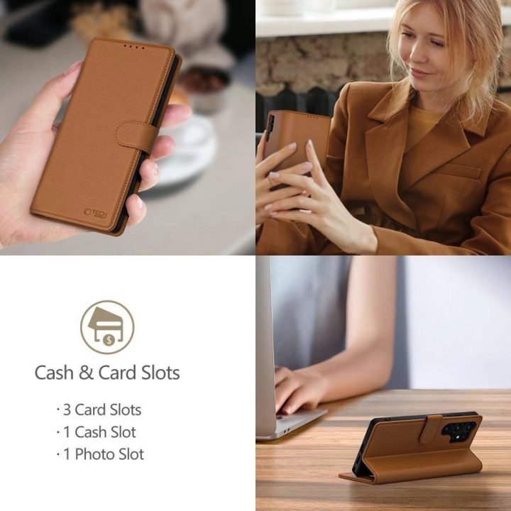 Ruda odinė piniginė–dėklas iPhone 16e telefonui
