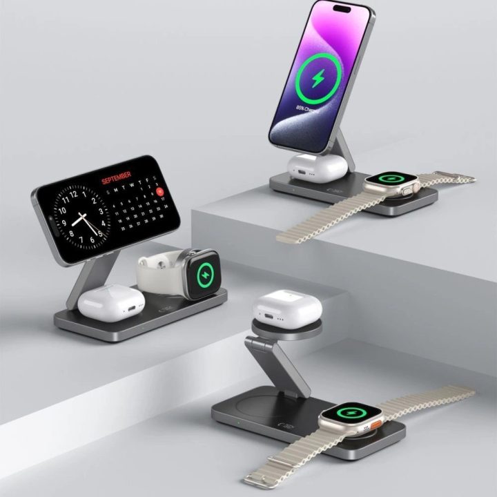 Juodas belaidis 3 viename MagSafe įkroviklis su USB-C laidu
