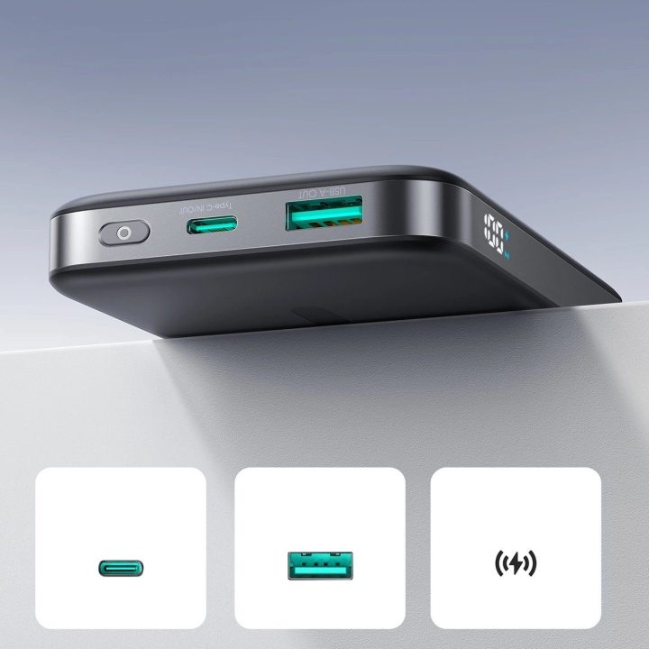 Išorinė baterija juoda, 10000 mAh, su MagSafe ir žiediniu stovu