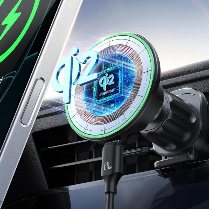 Automobilinis laikiklis su 15 W belaidžiu Qi2 įkrovikliu, juodas
