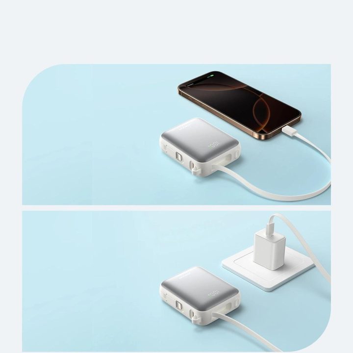 Išorinė baterija su USB-C ir Lightning laidais, balta, 10000 mAh