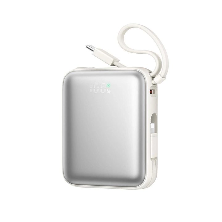 Išorinė baterija su USB-C ir Lightning laidais, balta, 10000 mAh