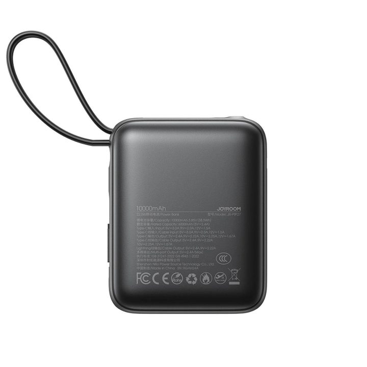 Išorinė baterija juoda su USB-C ir Lightning laidais, 10000 mAh