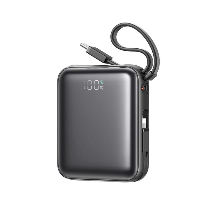 Išorinė baterija juoda su USB-C ir Lightning laidais, 10000 mAh