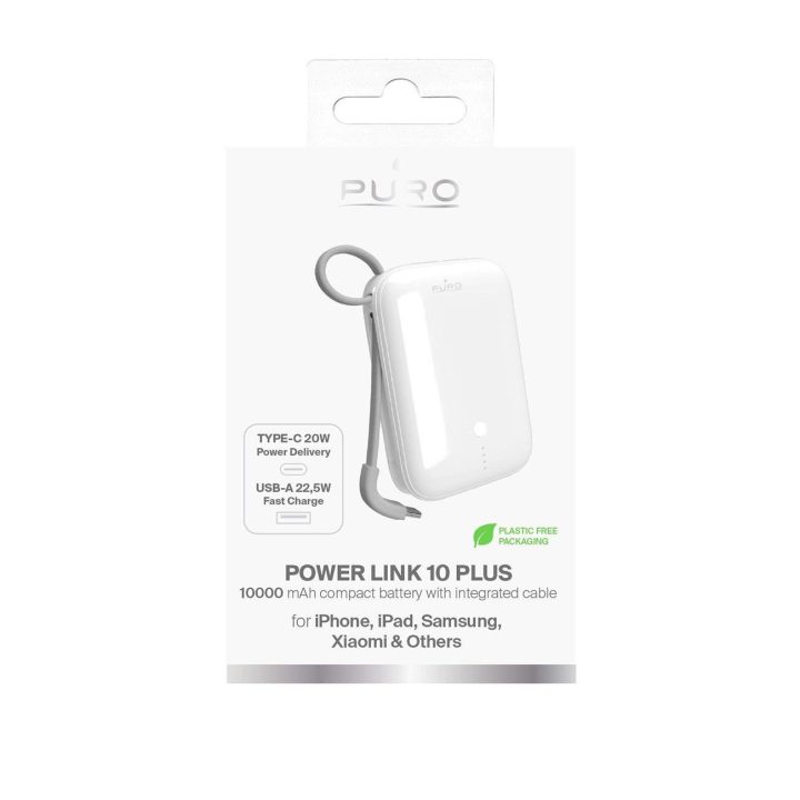 Išorinė baterija balta su integruotu USB-C laidu Puro Power Link 10 Plus
