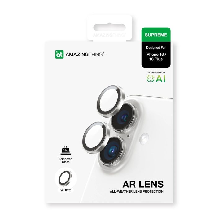 Kameros objektyvo apsauga iPhone 16 baltos spalvos iš aliuminio AmazingThing