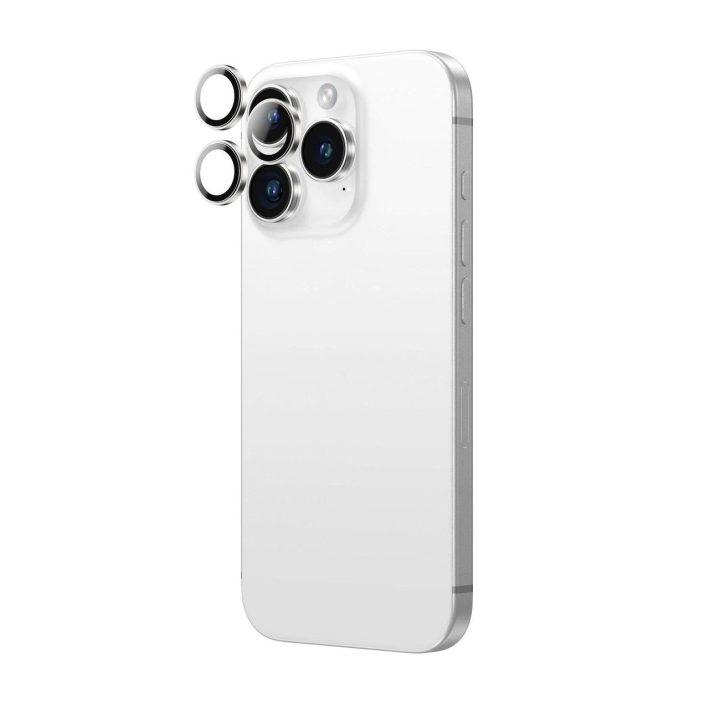 Kameros lęšių apsauga sidabrinė iPhone 16 Pro su rėmeliu AmazingThing