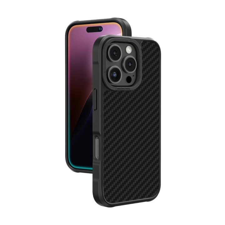 Juodas itin tvirtas telefono dėklas iPhone 16 Pro iš aramido AmazingThing