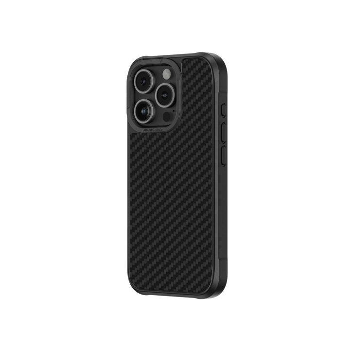 Juodas itin tvirtas telefono dėklas iPhone 16 Pro iš aramido AmazingThing