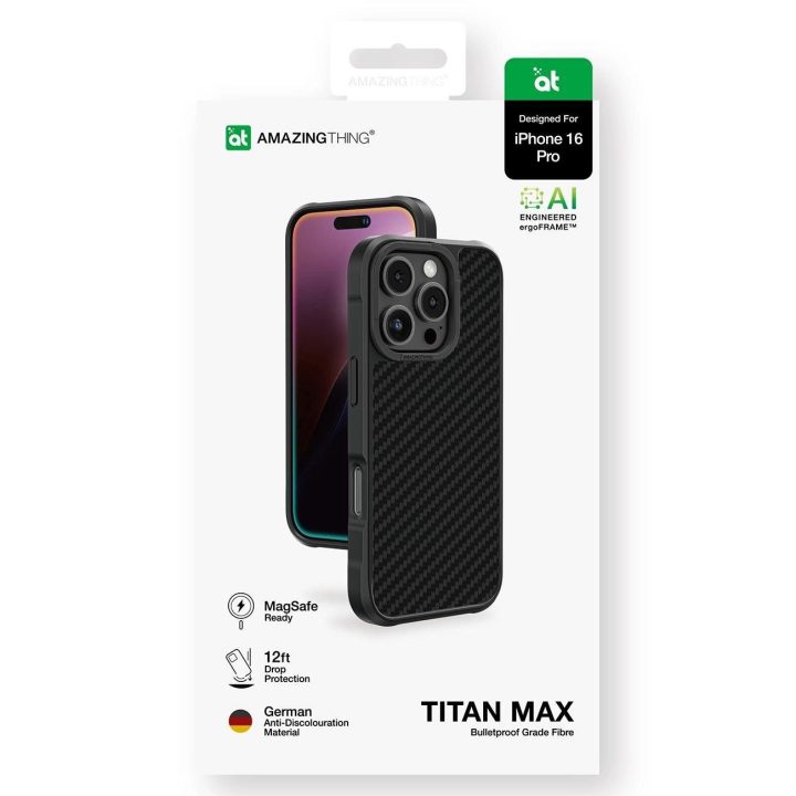 Juodas itin tvirtas telefono dėklas iPhone 16 Pro iš aramido AmazingThing