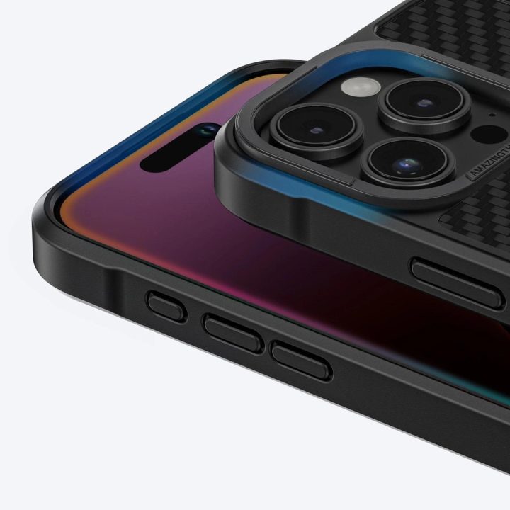 Juodas itin tvirtas telefono dėklas iPhone 16 Pro iš aramido AmazingThing