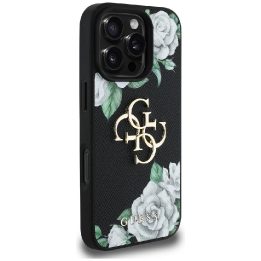 Juodas grublėtas telefono dėklas iPhone 16 Pro Max su 4G logotipu Guess