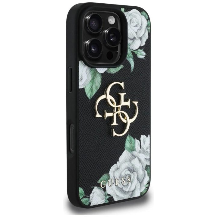 Juodas grublėtas telefono dėklas iPhone 16 Pro Max su 4G logotipu Guess