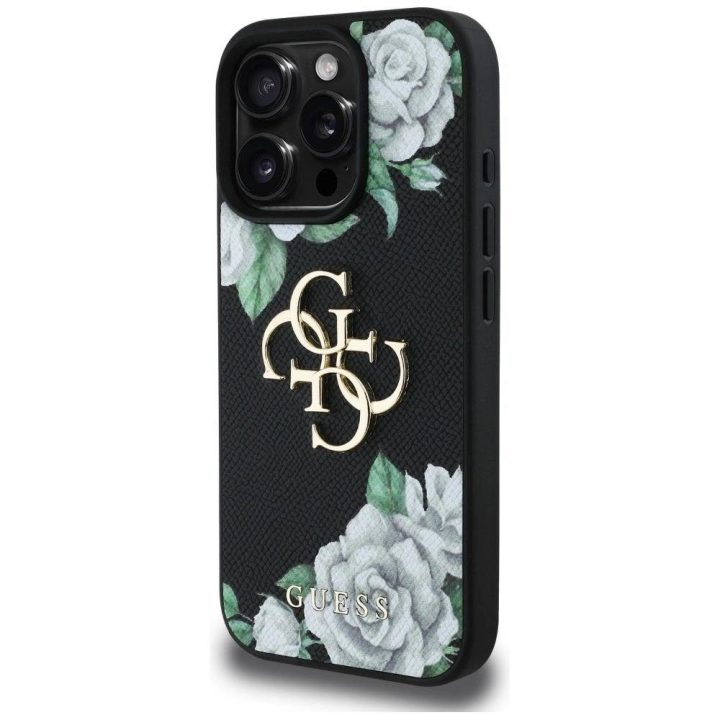 Juodas grublėtas telefono dėklas iPhone 16 Pro Max su 4G logotipu Guess
