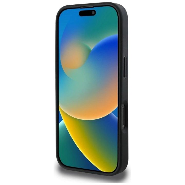 Juodas grublėtas telefono dėklas iPhone 16 Pro Max su 4G logotipu Guess
