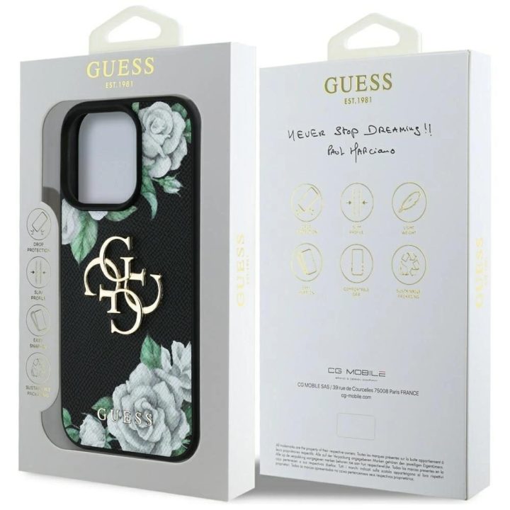 Juodas grublėtas telefono dėklas iPhone 16 Pro Max su 4G logotipu Guess