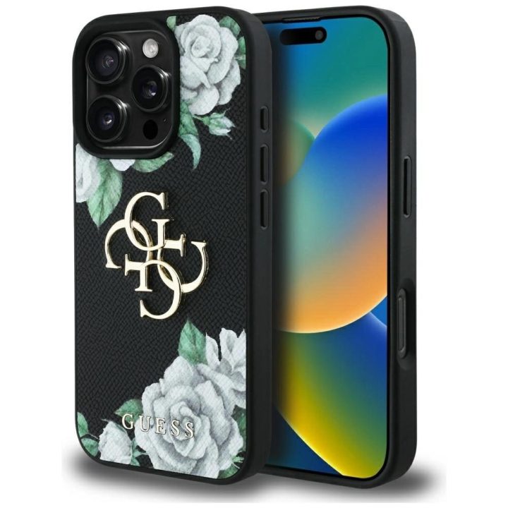 Juodas grublėtas telefono dėklas iPhone 16 Pro Max su 4G logotipu Guess
