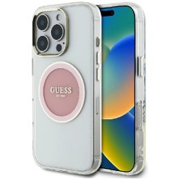 Permatomas rožinis MagSafe dėklas iPhone 16 Pro su logotipu Guess