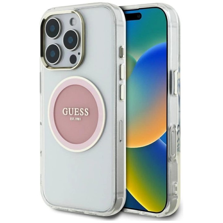 Permatomas rožinis MagSafe dėklas iPhone 16 Pro su logotipu Guess