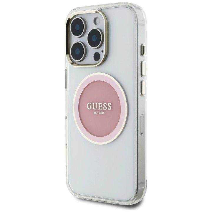 Permatomas rožinis MagSafe dėklas iPhone 16 Pro su logotipu Guess