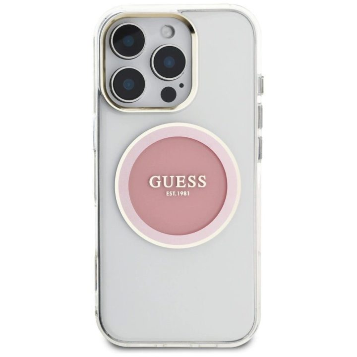 Permatomas rožinis MagSafe dėklas iPhone 16 Pro su logotipu Guess
