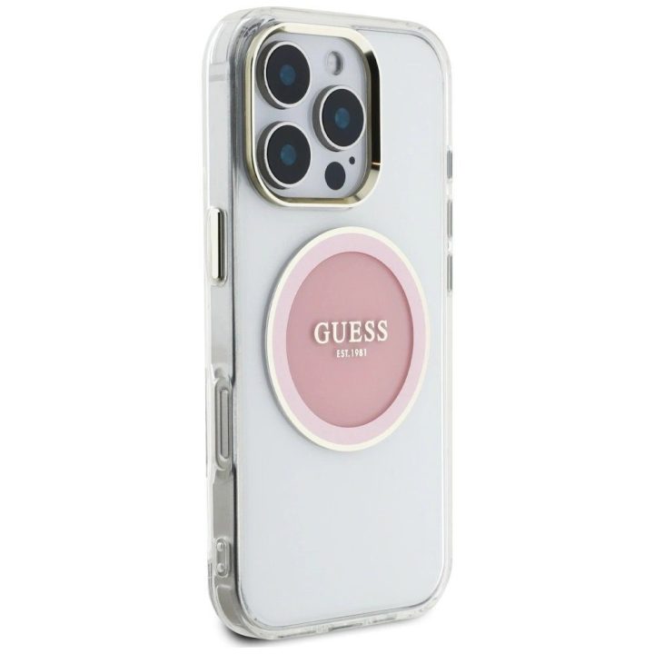 Permatomas rožinis MagSafe dėklas iPhone 16 Pro su logotipu Guess