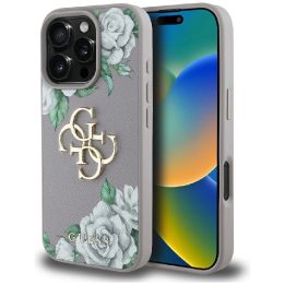 iPhone 16 Pro Max dėklas violetinis su rožėmis Guess 4G logotipu